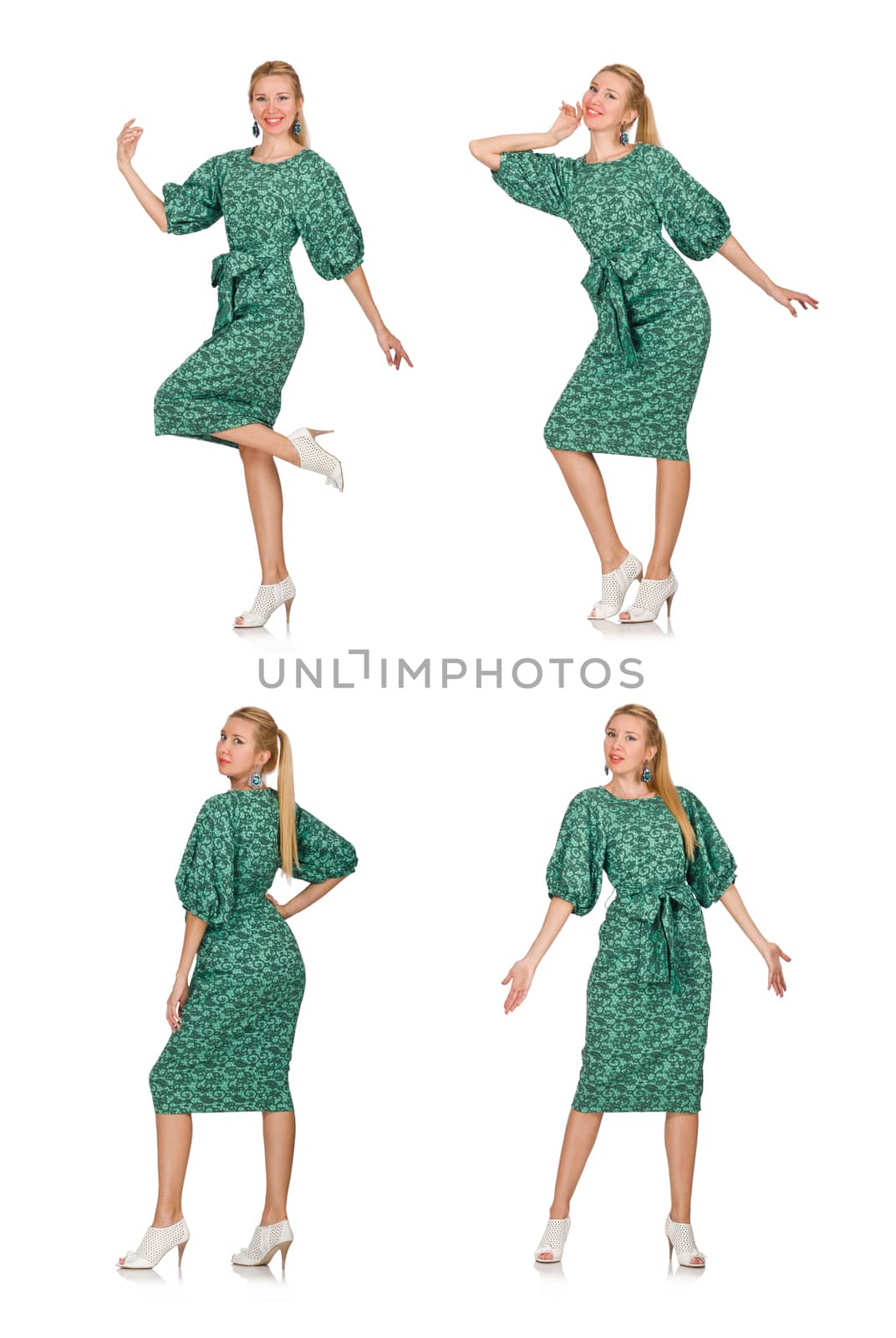 Young woman in green dress isolated on white