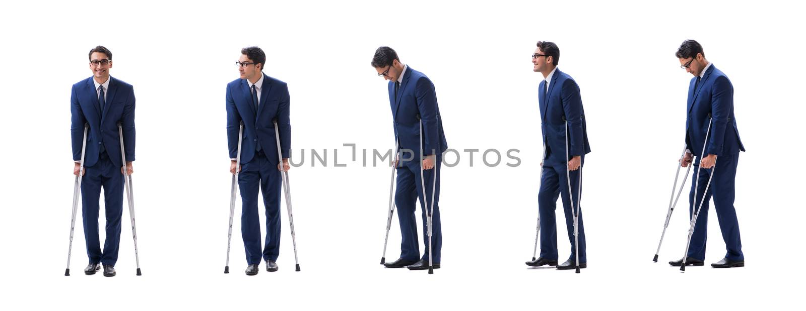 Businessman walking with crutches isolated on white background