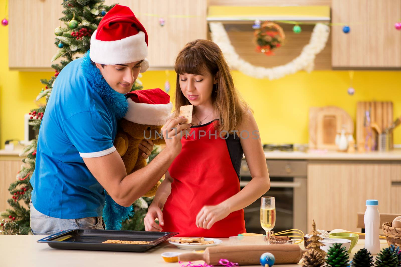 Young couple celebrating Christmas in kitchen 