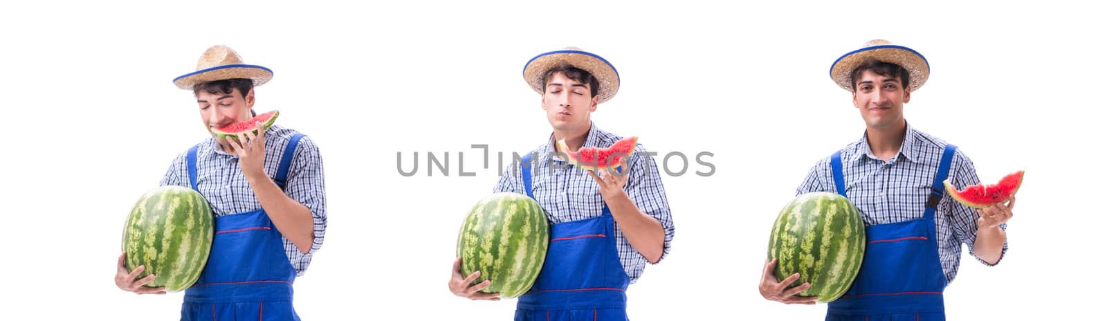 Young farmer with watermelon isolated on white by Elnur