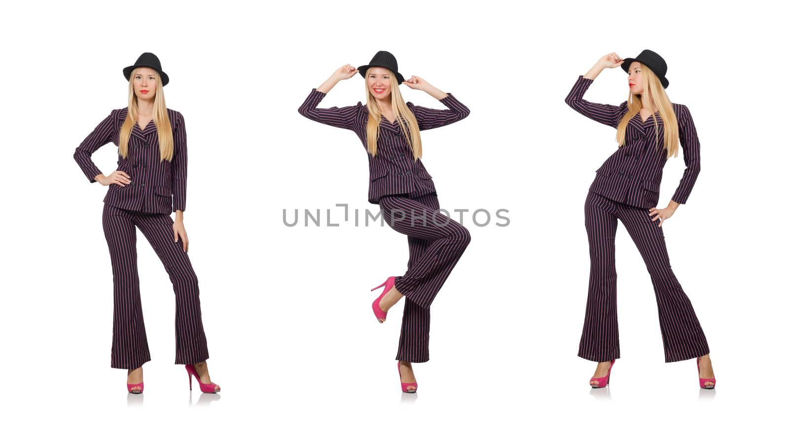 Pretty girl in purple retro suit isolated on white