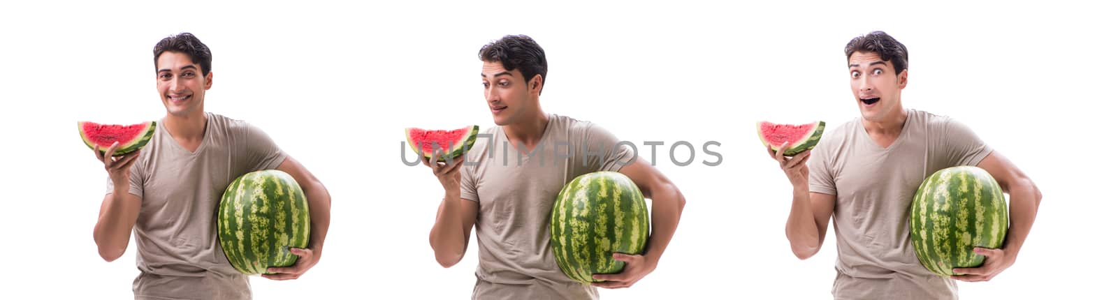 Young man with watermelon isolated on white by Elnur