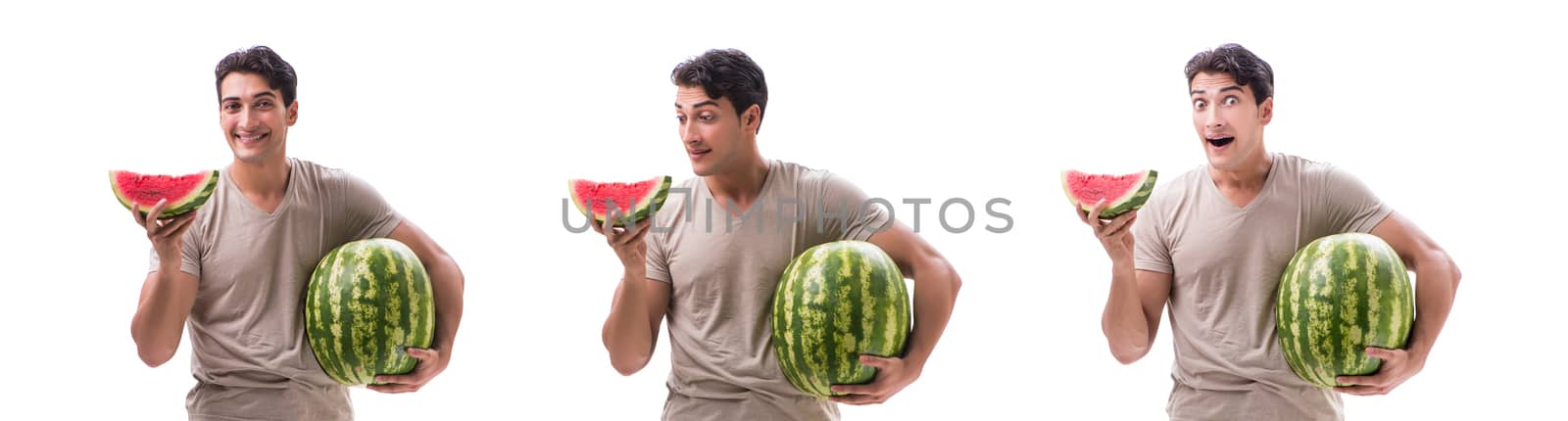 Young man with watermelon isolated on white