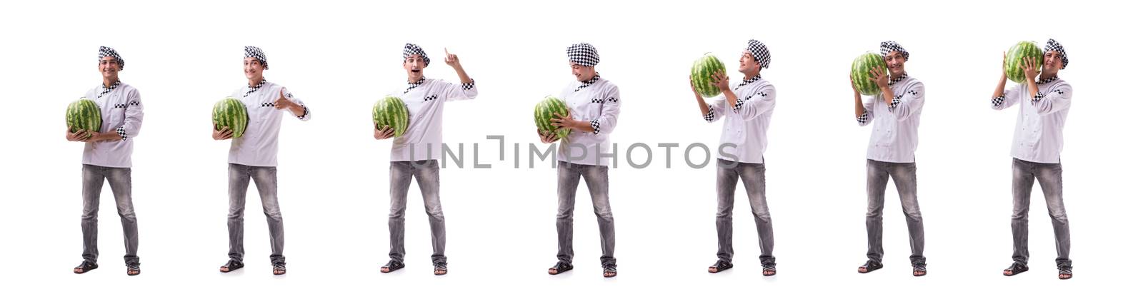 Young male cook with watermelon isolated on white by Elnur