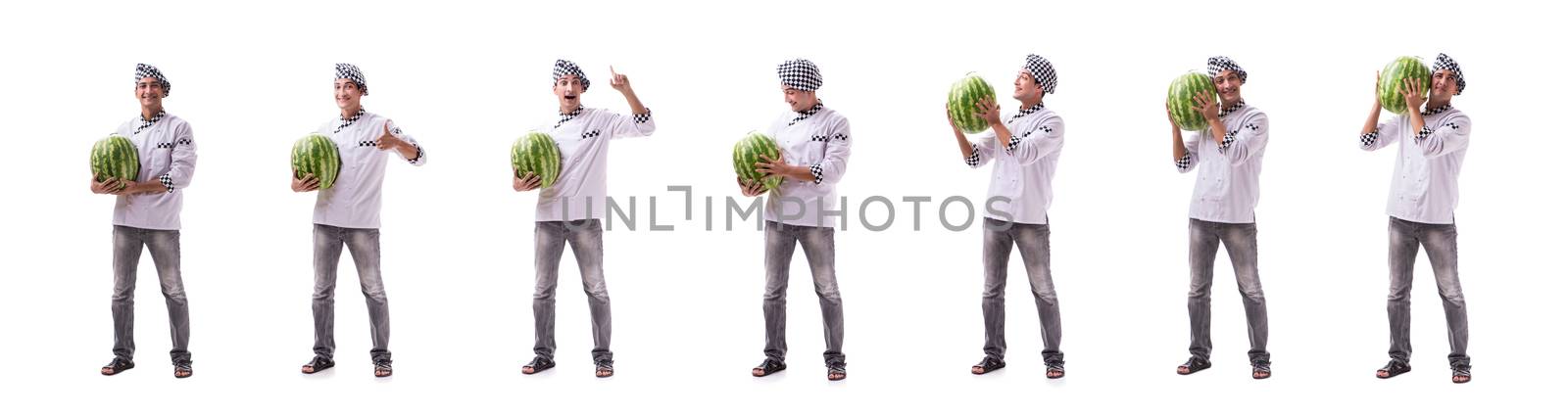 Young male cook with watermelon isolated on white