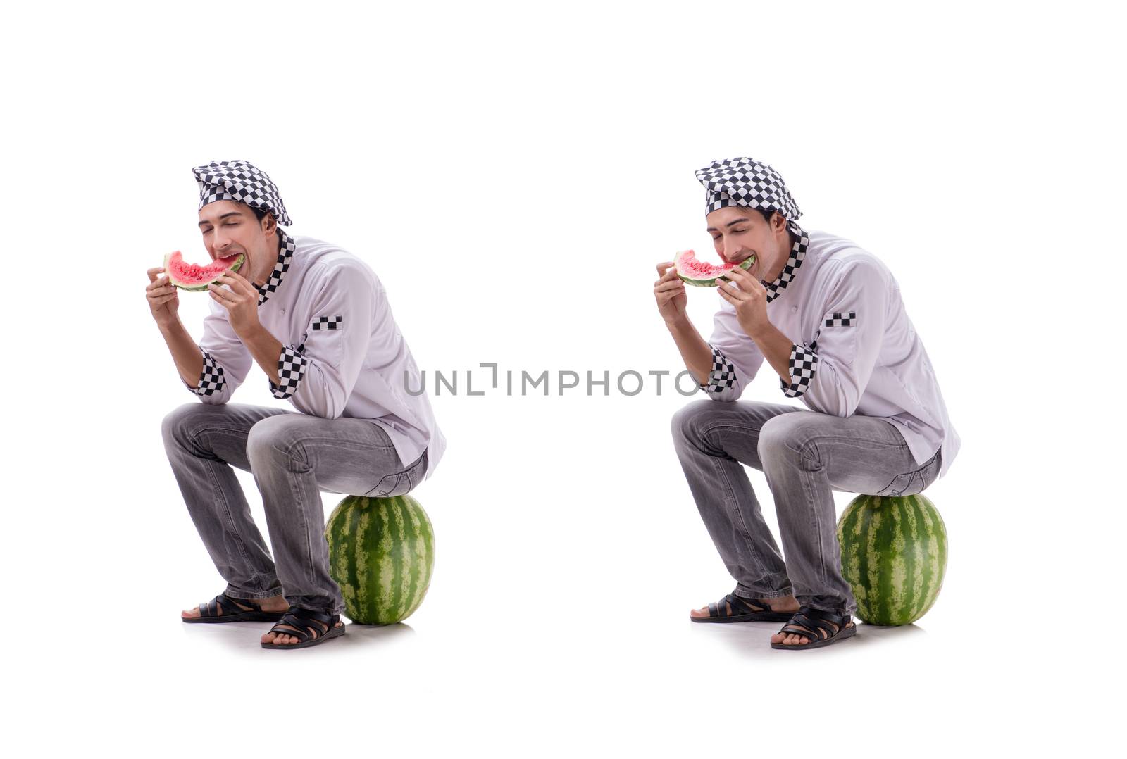 Young male cook with watermelon isolated on white