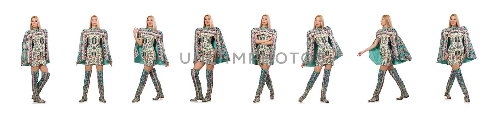 Model wearing dress with Azerbaijani carpet elements isolated on by Elnur