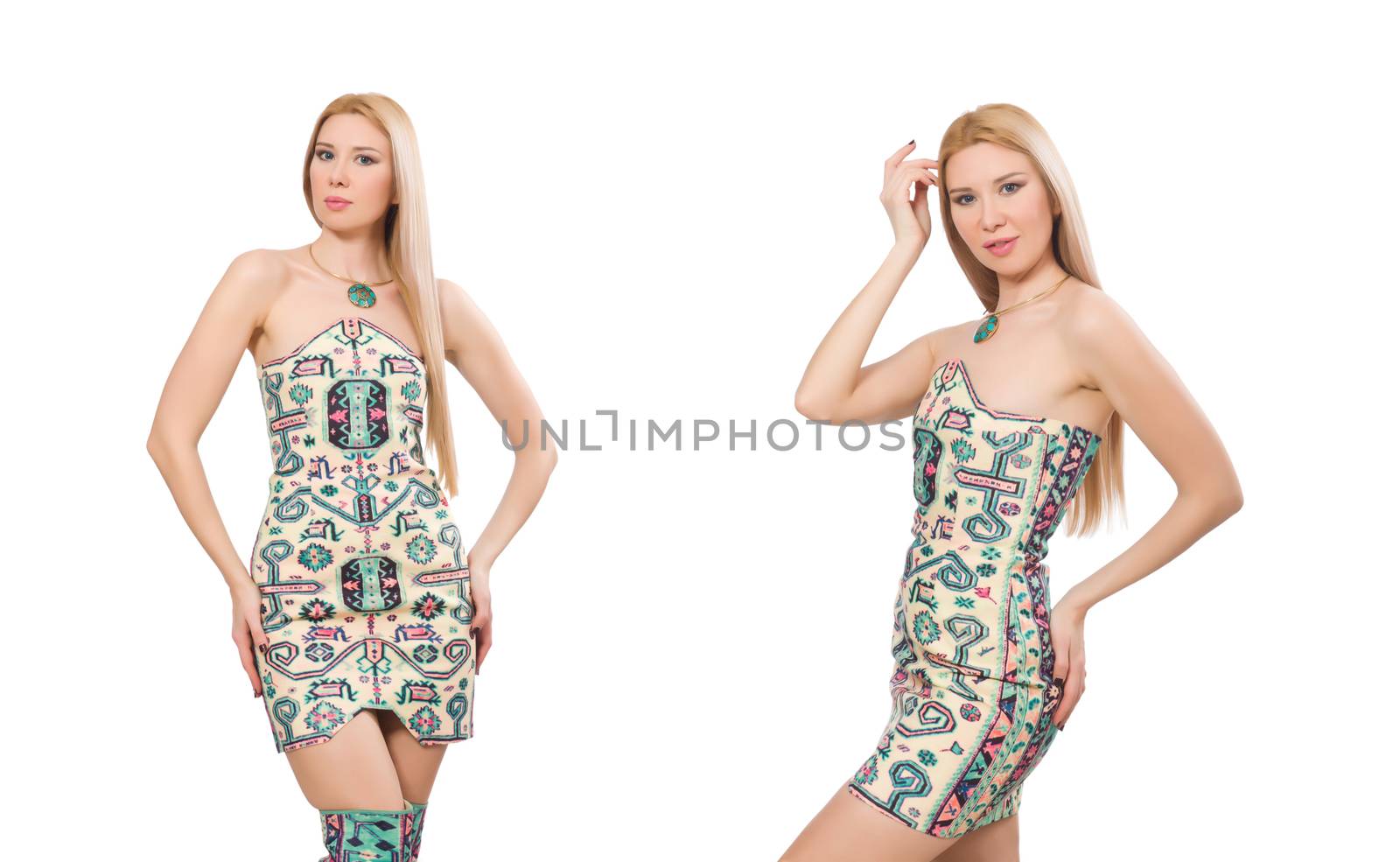 Model wearing dress with Azerbaijani carpet elements isolated on white