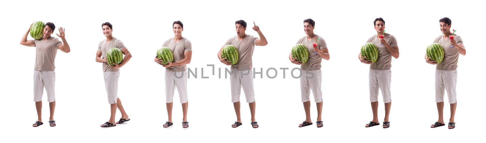 Young man with watermelon isolated on white