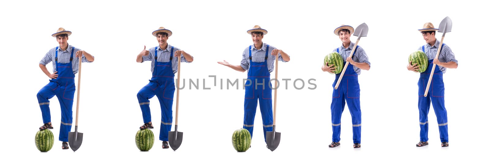 Young farmer with watermelon isolated on white by Elnur
