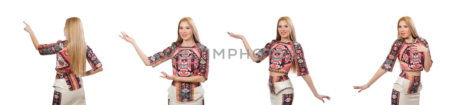 Pretty model in clothes with carpet prints isolated on white