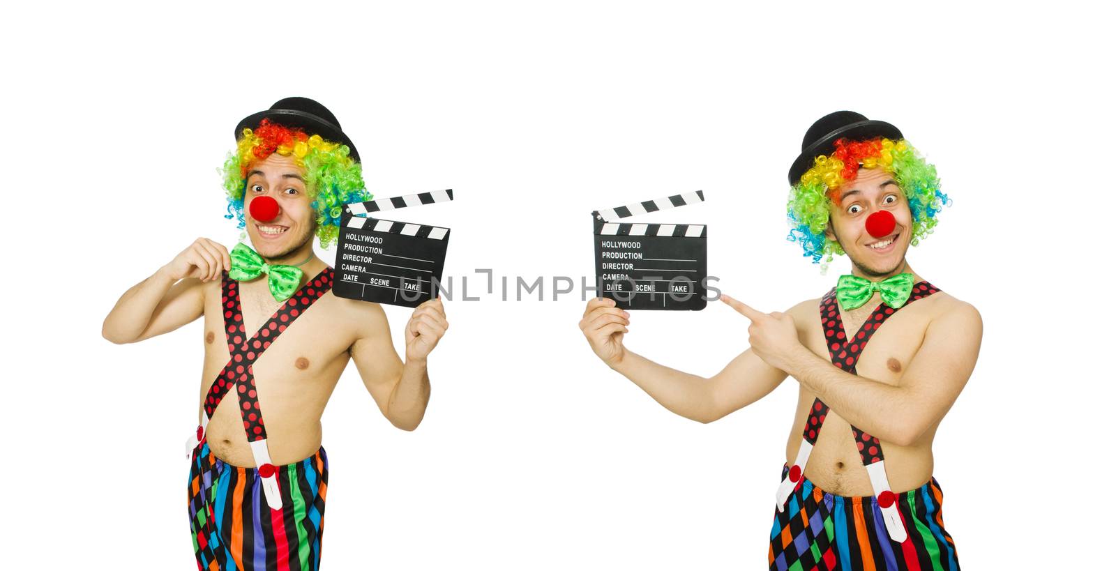 Clown with movie board on white