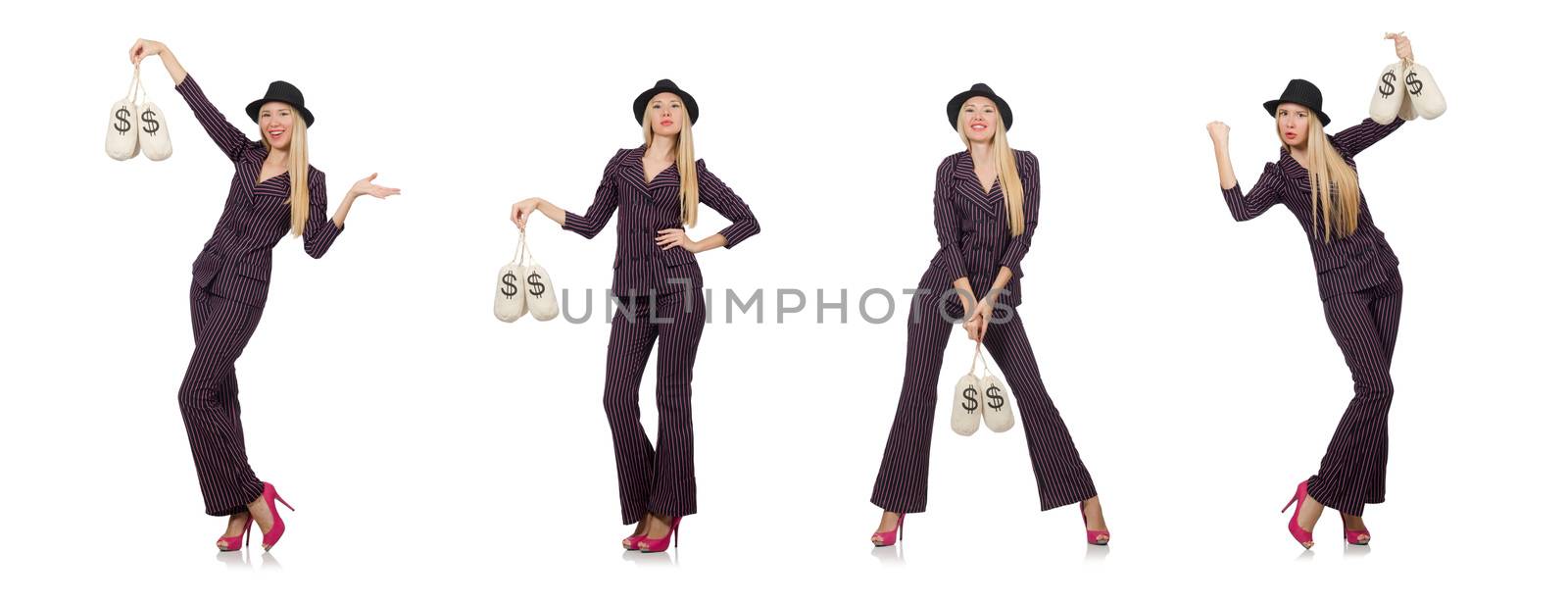 Woman with money sacks isolated on white by Elnur
