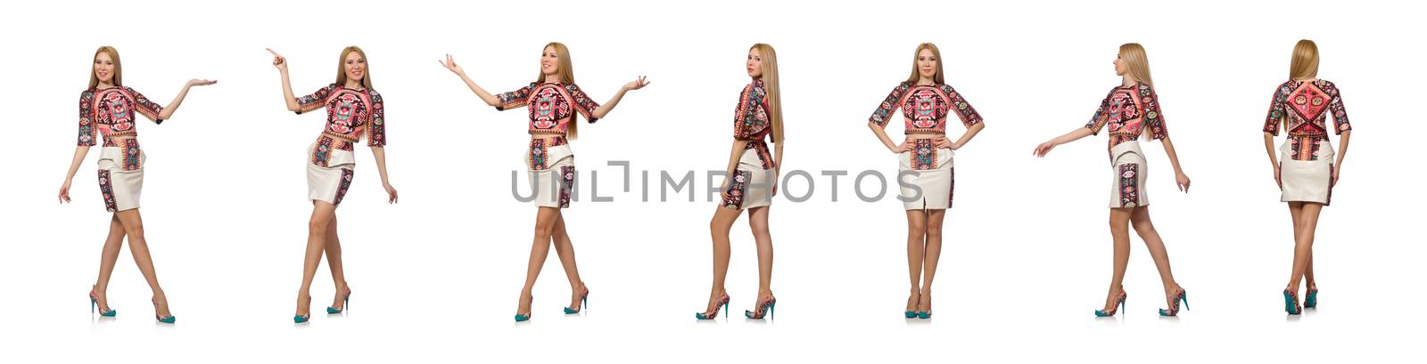 Pretty model in clothes with carpet prints isolated on white by Elnur