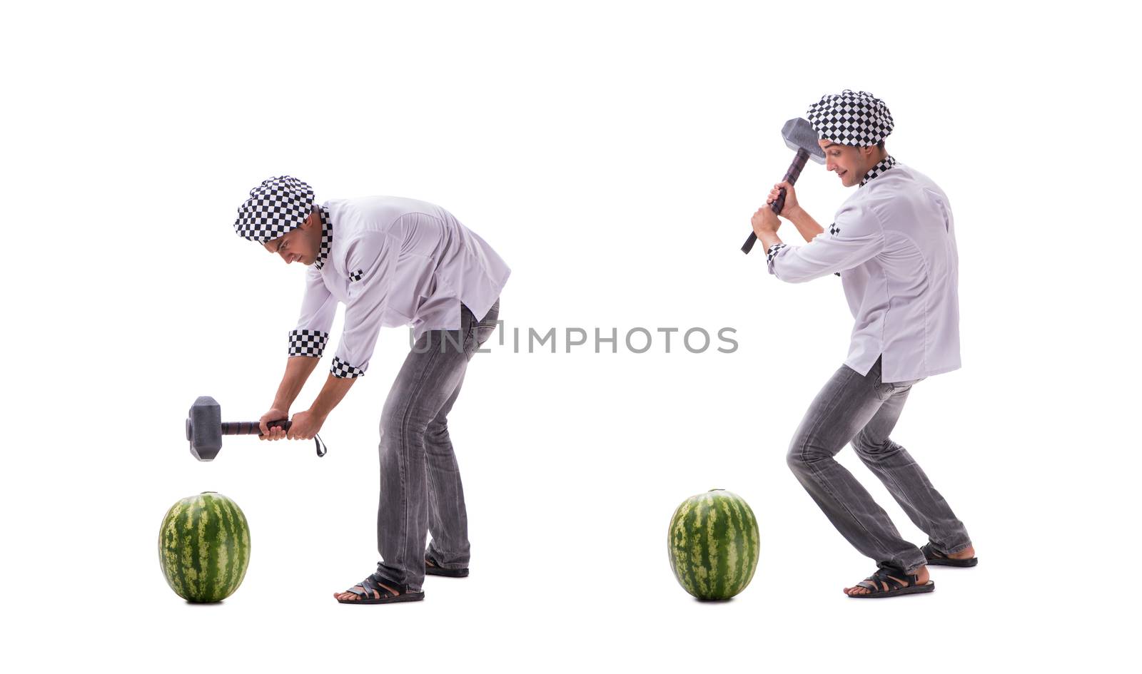 Young male cook with watermelon isolated on white