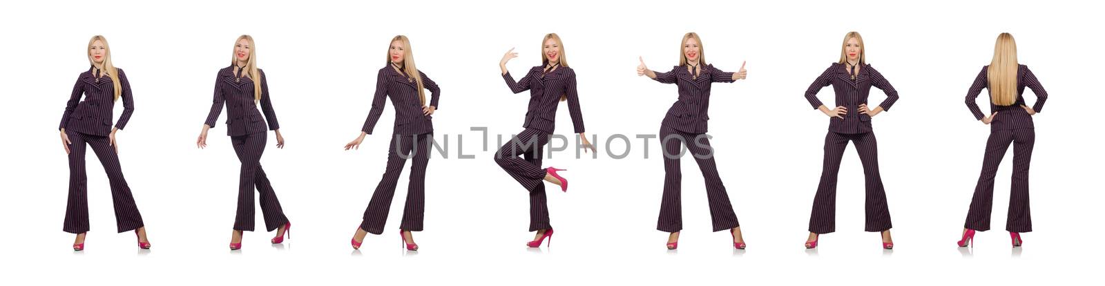 Pretty girl in purple retro suit isolated on white