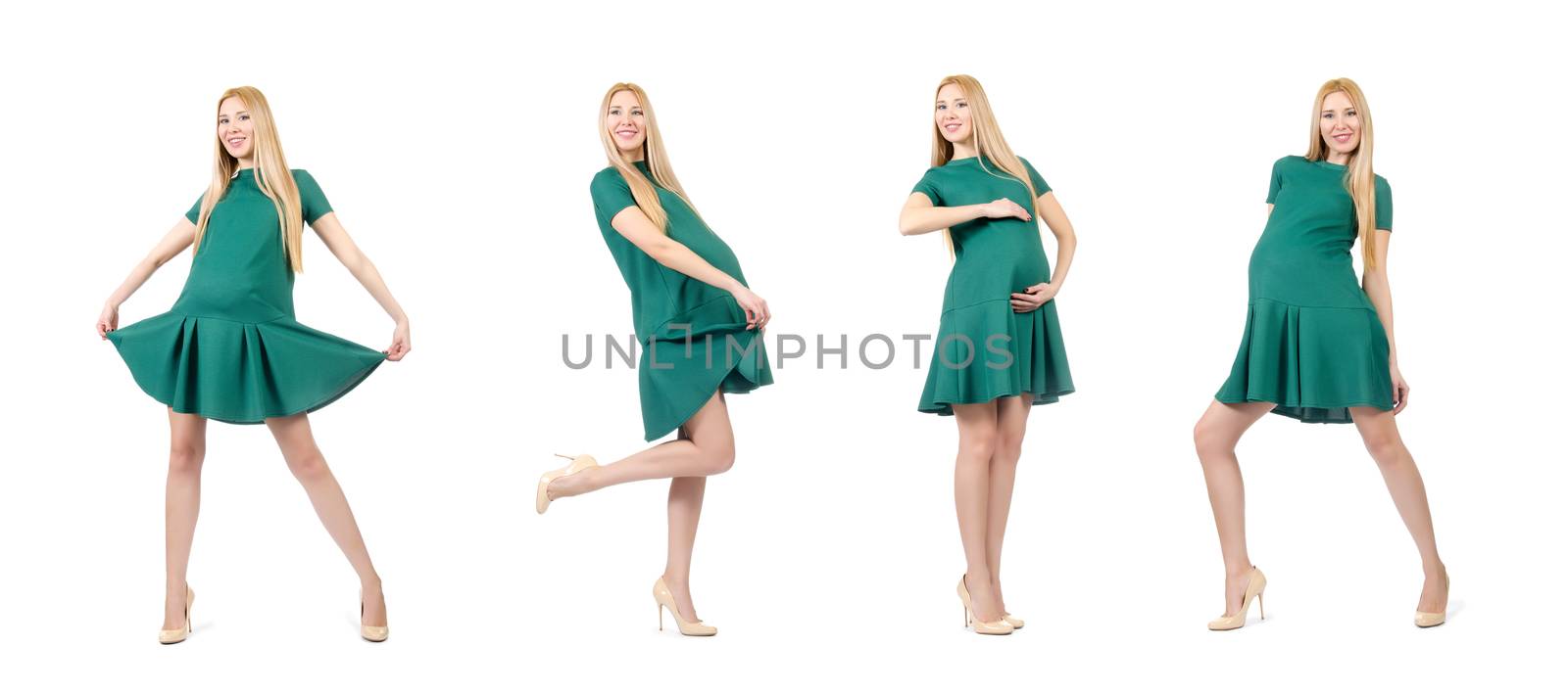 Beautiful pregnant woman in green dress isolated on white by Elnur