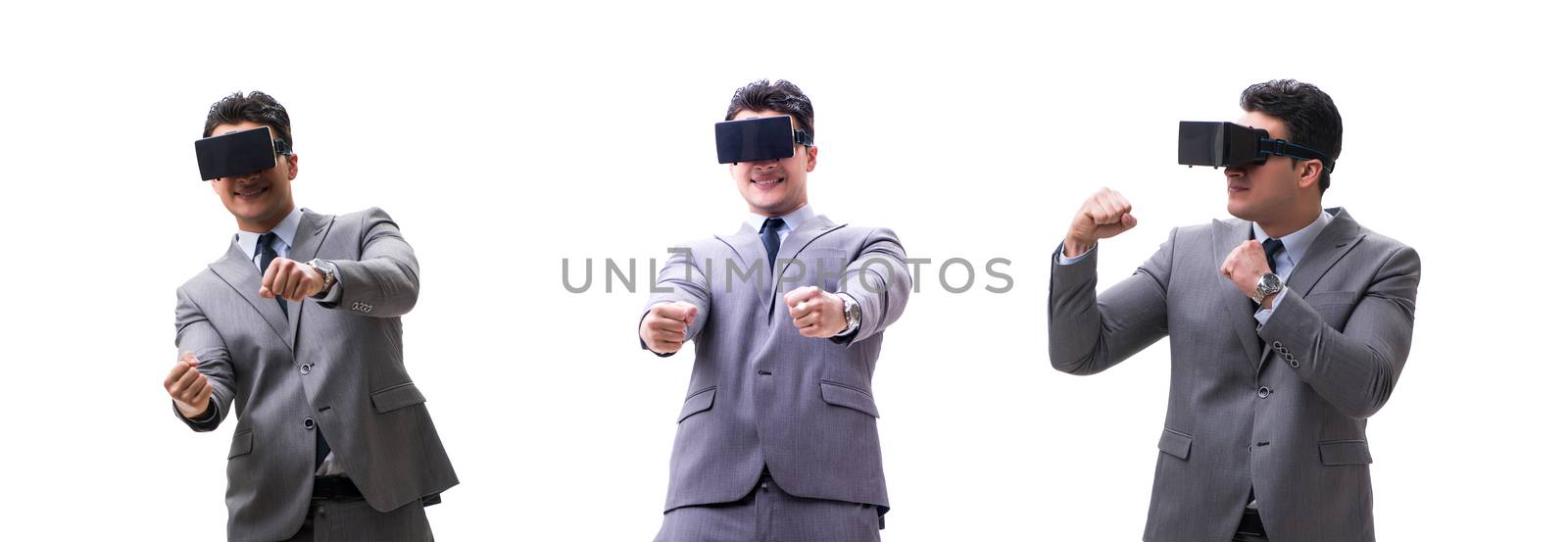 Businessman wearing virtual reality VR glasses isolated on white 
