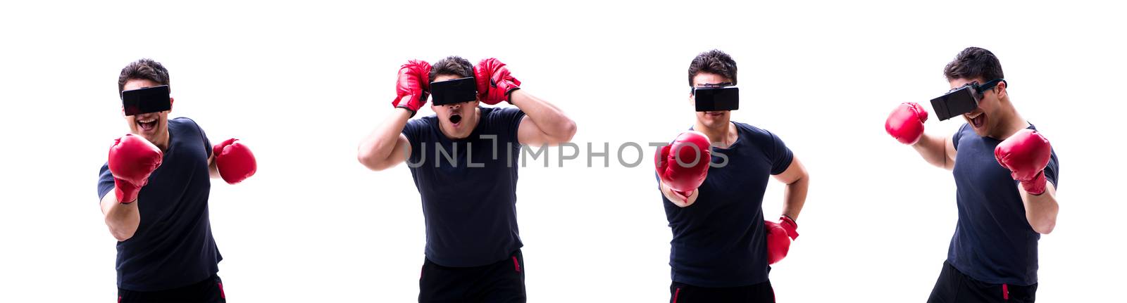 Male boxer wearing virtual reality VR glasses isolated on white 