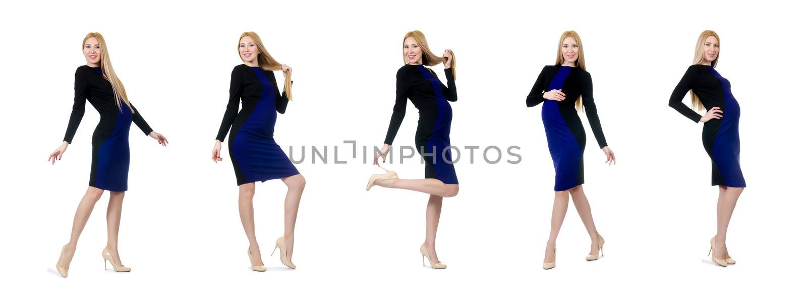 Pretty pregnant woman in black dress isolated on white