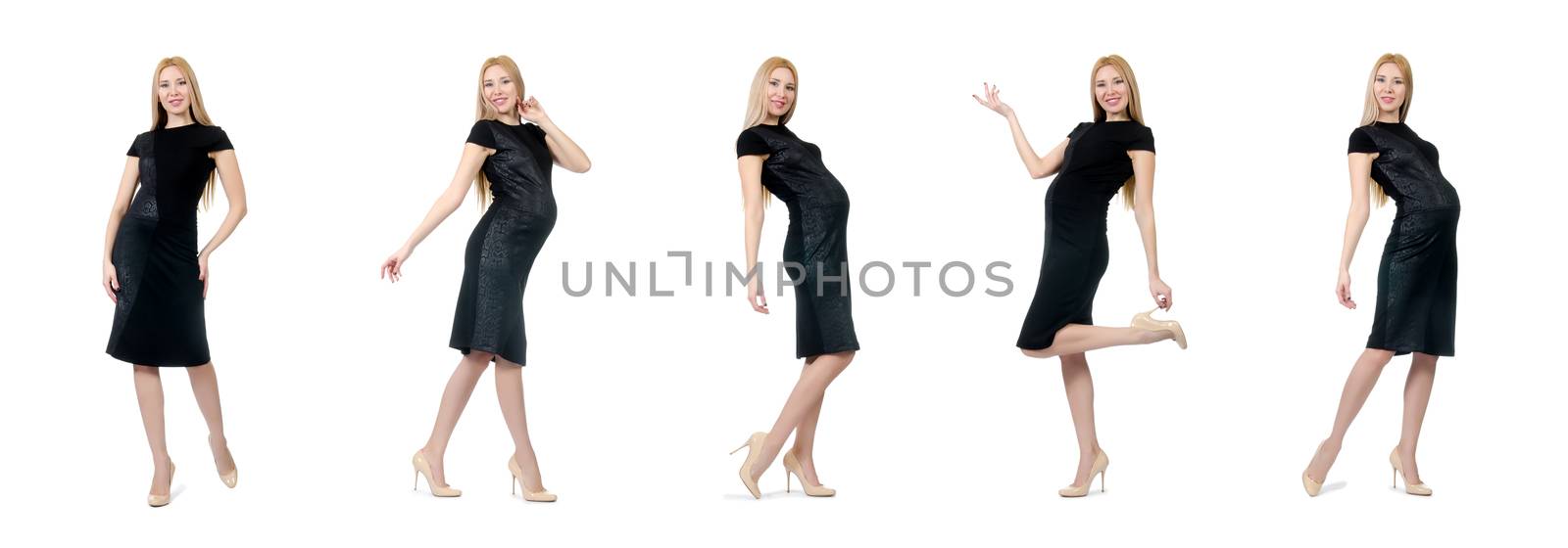 Pretty pregnant woman in black dress isolated on white