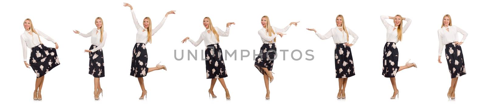 Pretty girl in black skirt with flowers isolated on white by Elnur