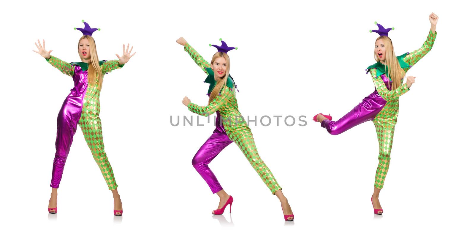 Woman wearing clown costume isolated on white