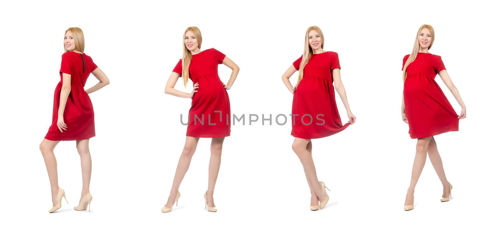 Pretty pregnant woman in red dress isolated on white