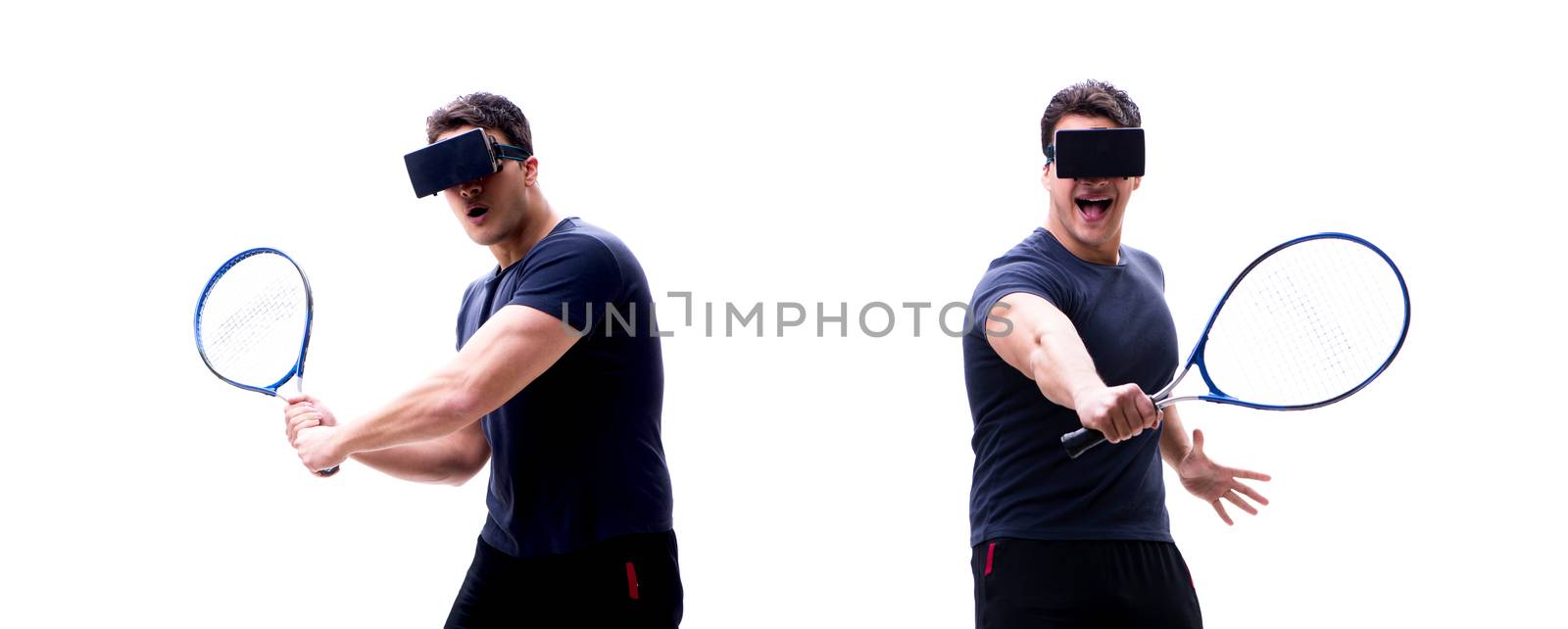 Male tennis player wearing virtual reality VR glasses isolated o by Elnur