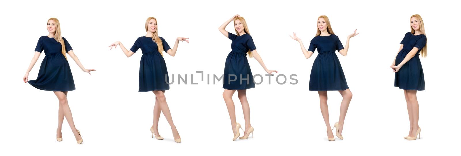 Beautiful pregnant woman in blue dress isolated on white by Elnur