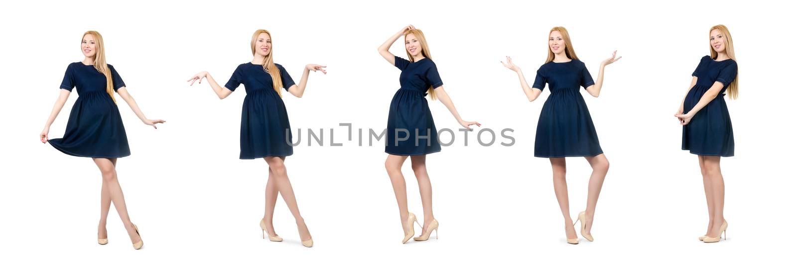 Beautiful pregnant woman in blue dress isolated on white