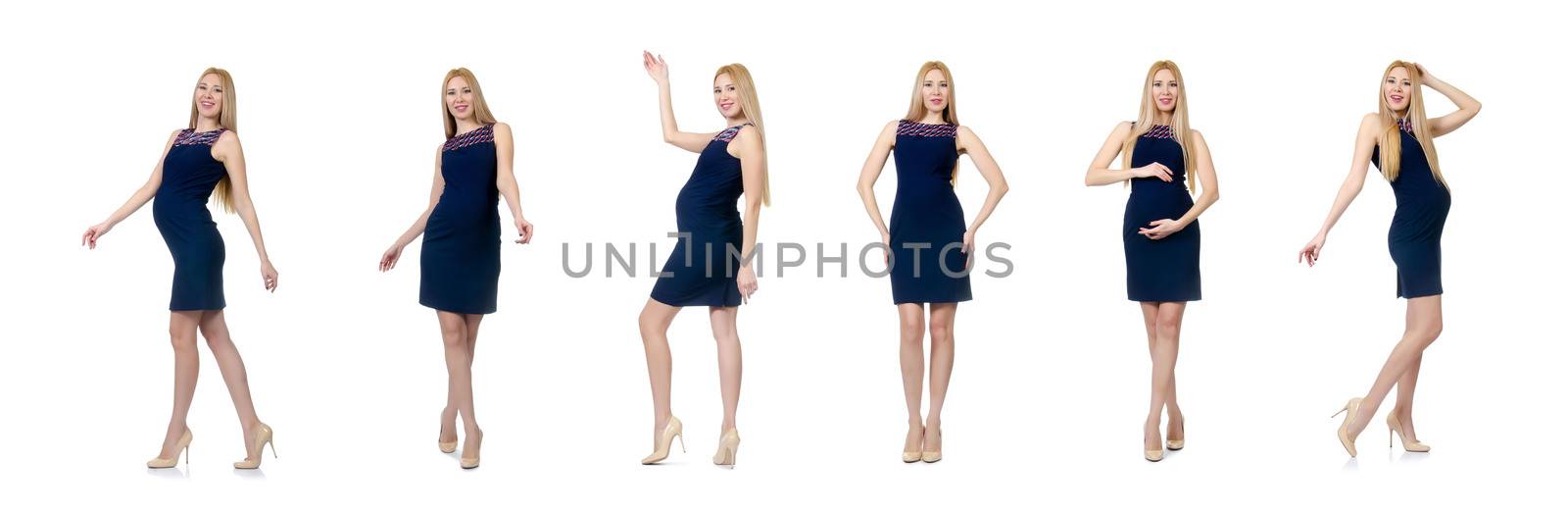 Beautiful pregnant woman in blue dress isolated on white