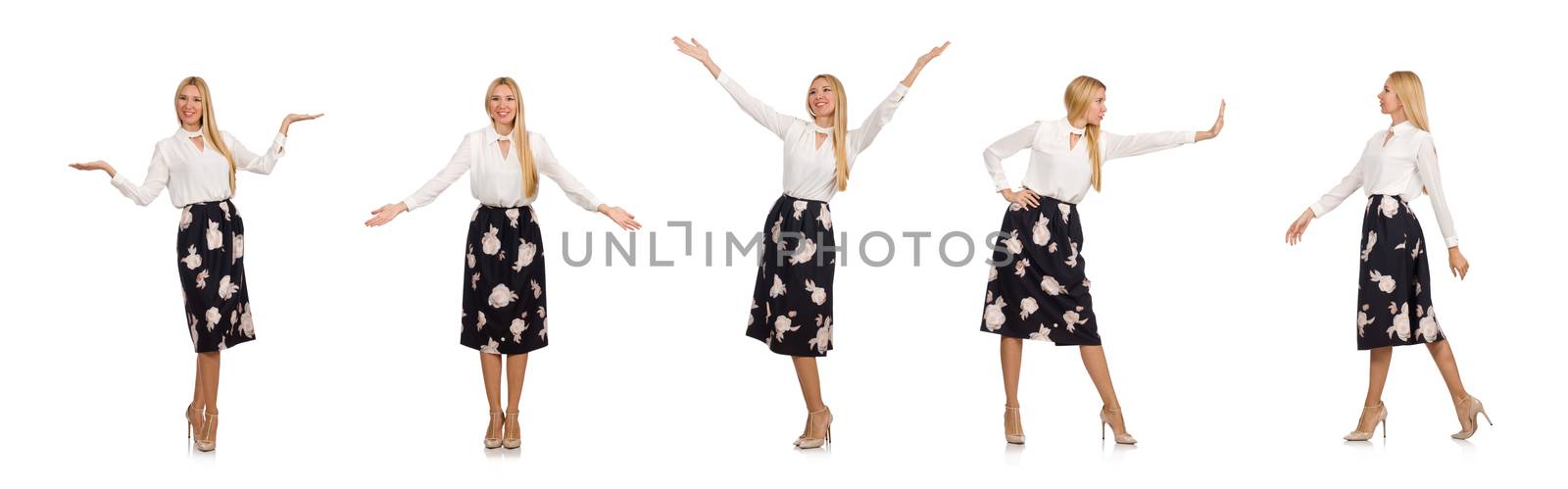 Pretty girl in black skirt with flowers isolated on white