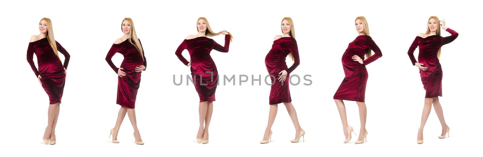 Pretty pregnant woman in red dress isolated on white by Elnur