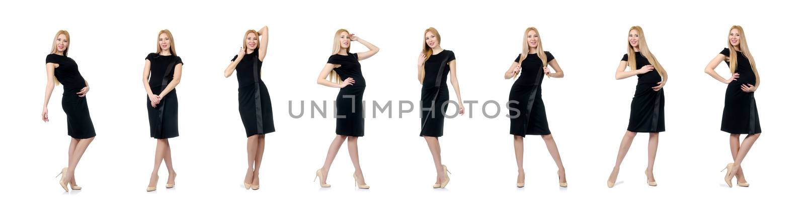 Pretty pregnant woman in black dress isolated on white by Elnur