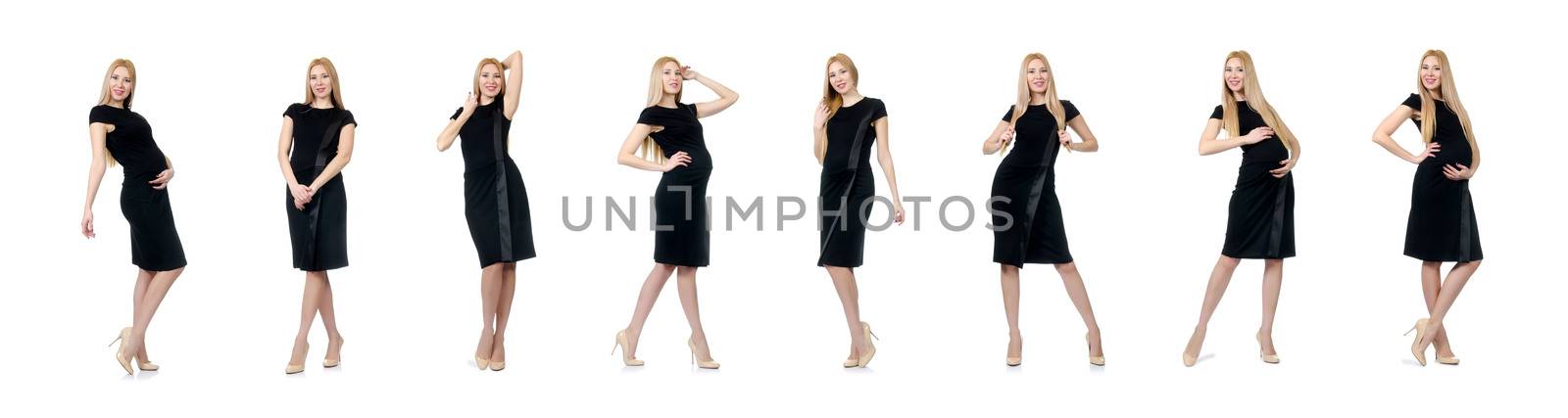 Pretty pregnant woman in black dress isolated on white