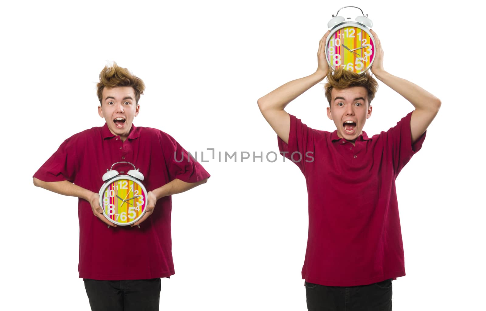 Student holding alarm clock isolated on white