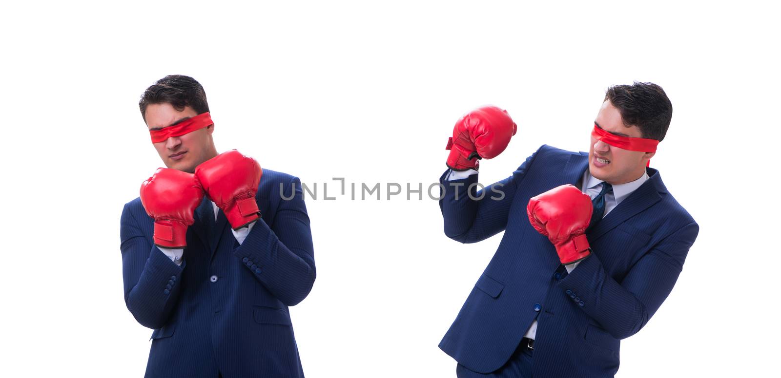 Lawyer with blindfold wearing boxing gloves isolated on white