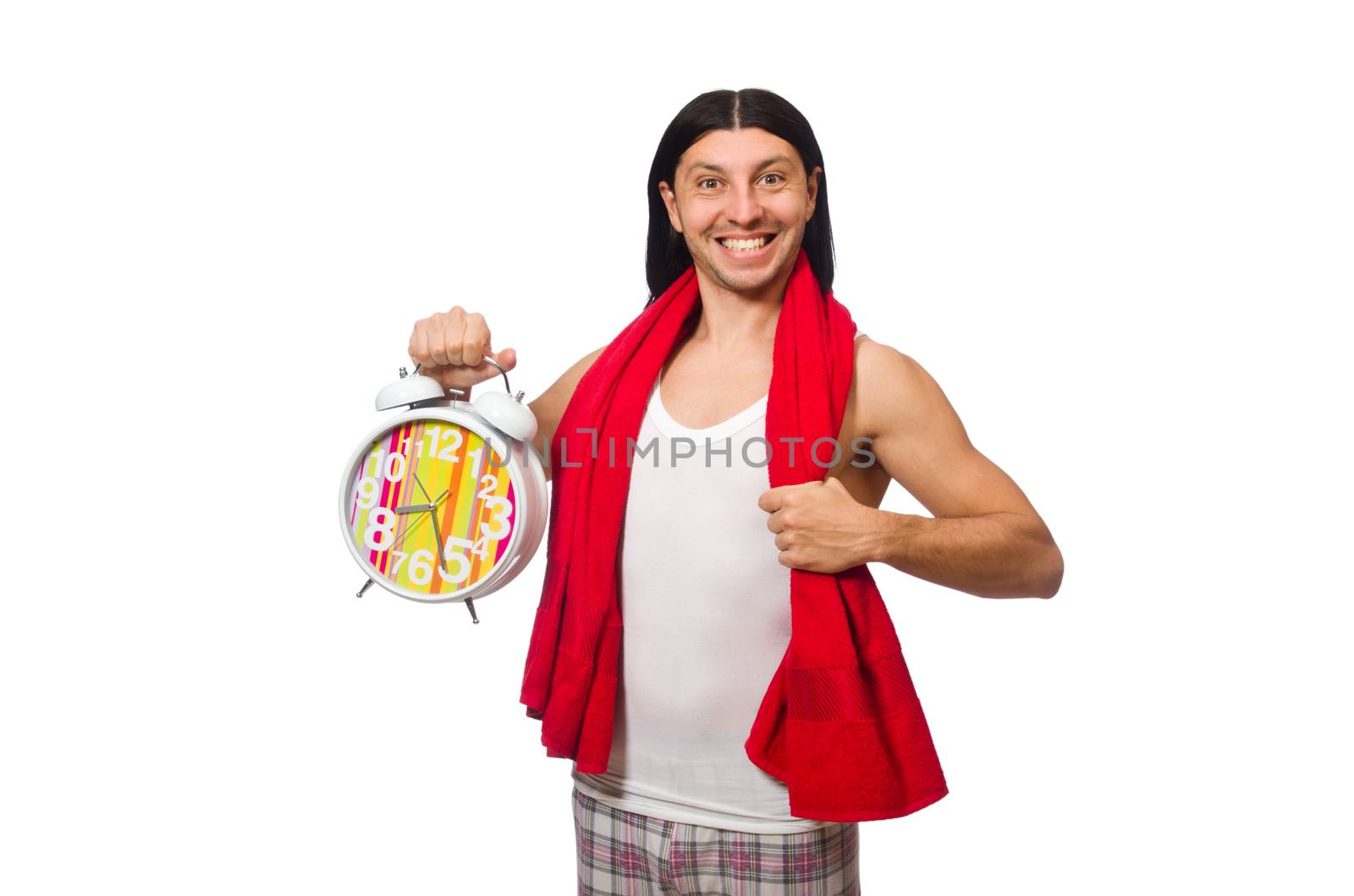 Funny man waking up in the morning on white