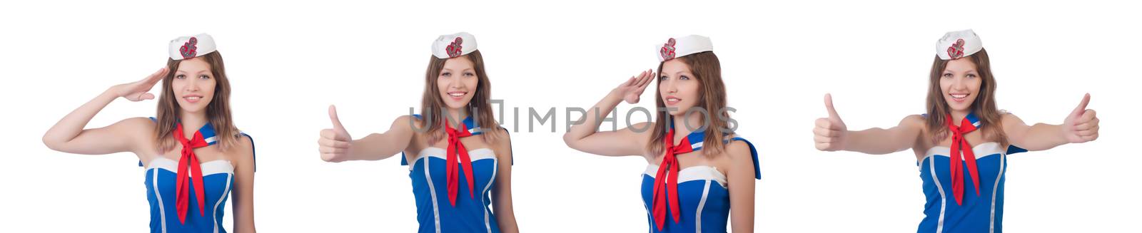 Young airhostess saluting isolated on white by Elnur