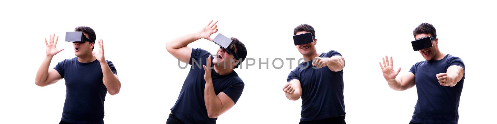 Young handsome man wearing virtual reality VR glasses isolated on white 