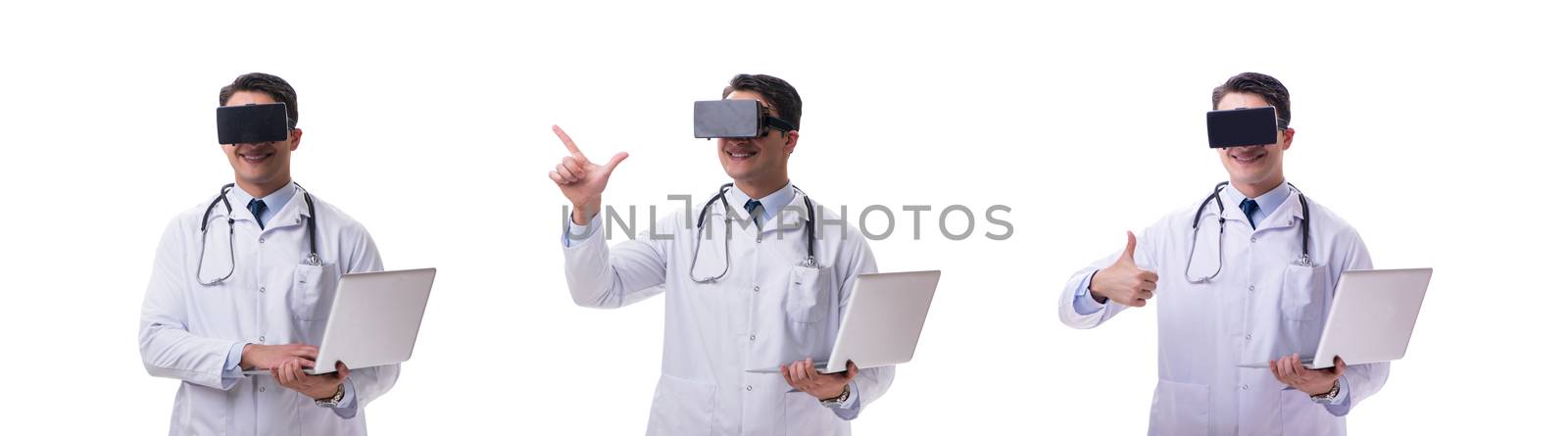 Doctor wearing a vr virtual reality headset isolated on white background