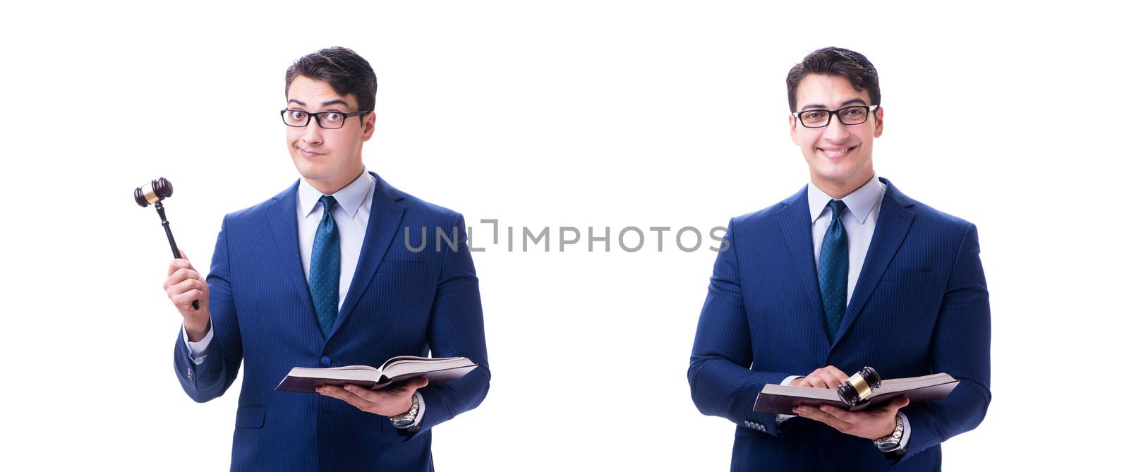 Lawyer law student with a gavel isolated on white background