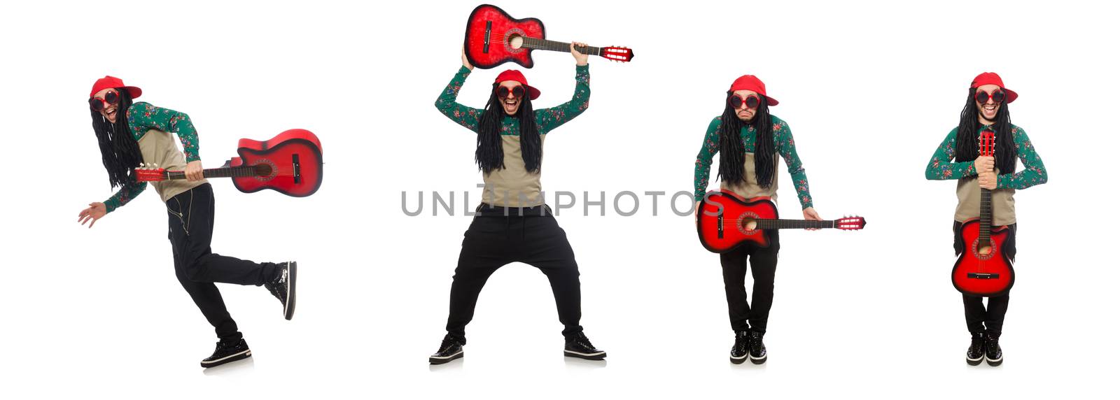 Man with guitar in musical concept on white