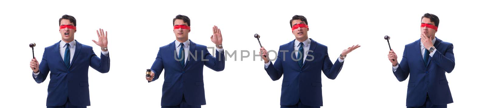 Lawyer with blindfold holding a gavel isolated on white