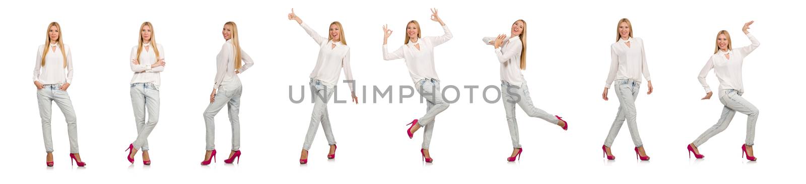 Pretty woman in blue jeans isolated on white