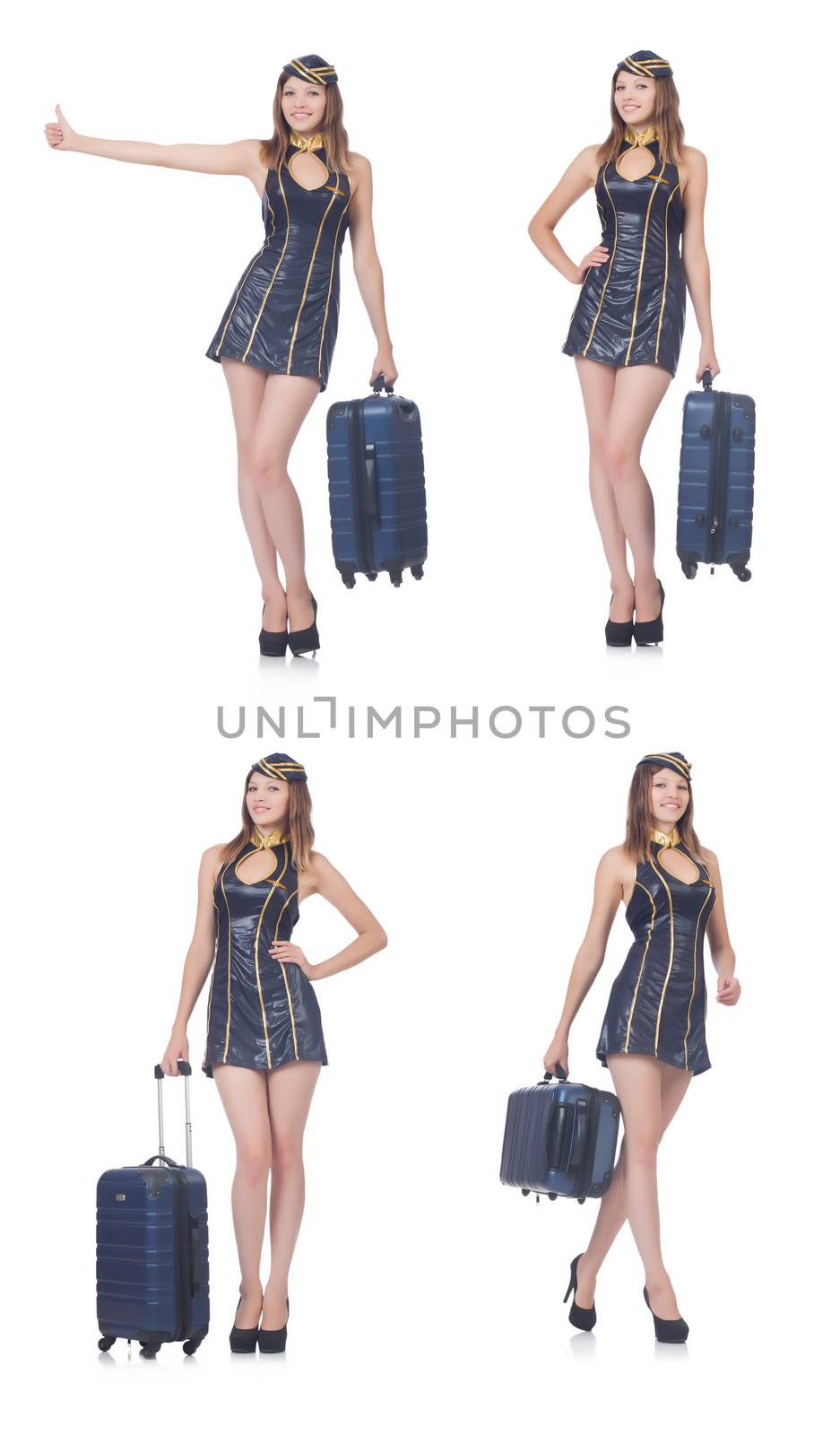 Woman travel attendant with suitcase on white by Elnur