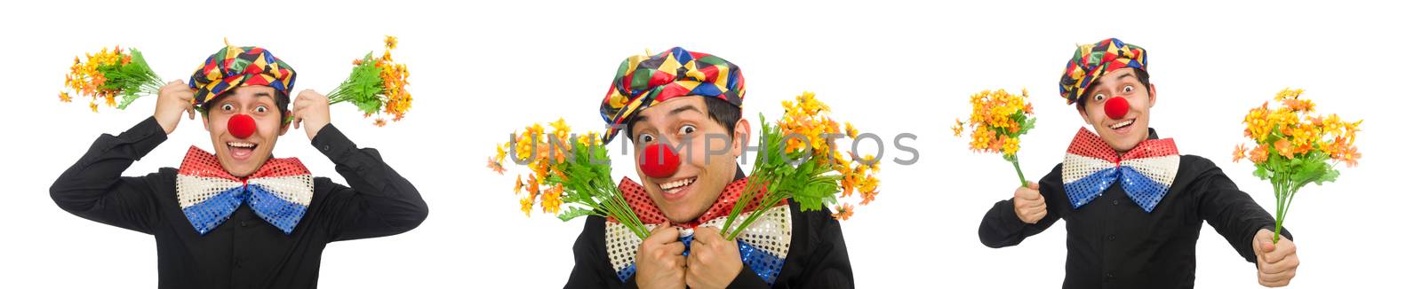 Funny clown with flowers isolated on white by Elnur