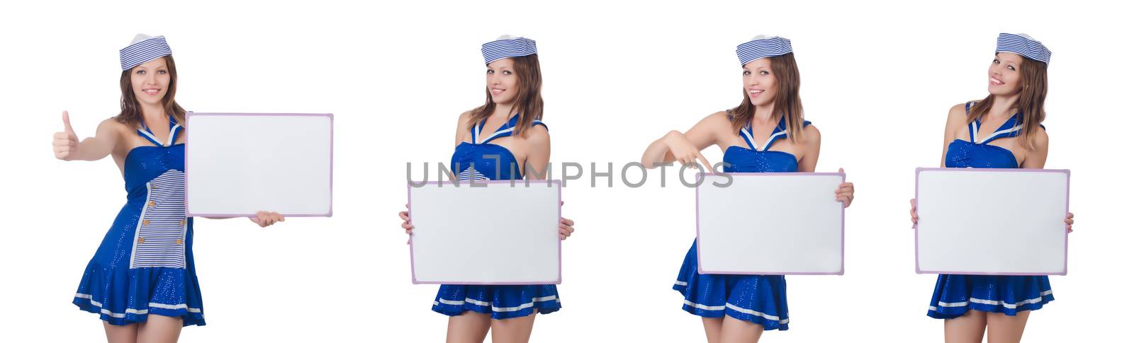 Young woman with blank board on white