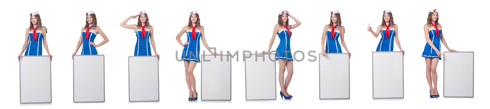 Young woman with blank board on white